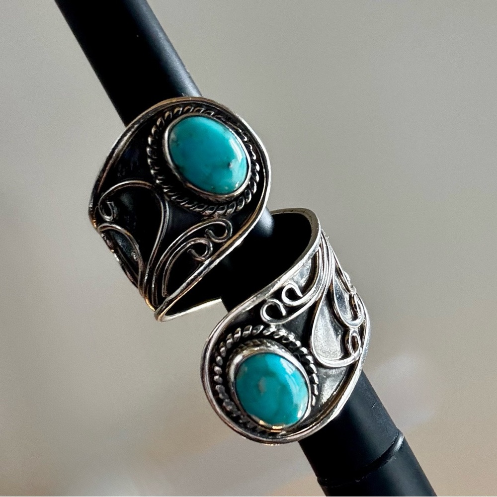 Natural Turquoise 925 Silver- Sz 9 Adjustable/Expandable Wrap Silver - Picture 2 of 5